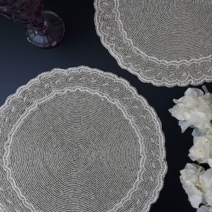 Handmade beaded placemat, scalloped silver, white bead tablemat, 14 inch, charger plate