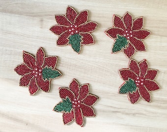 Set of 6 Poinsettia Beaded Coasters: Handmade Drink Coasters