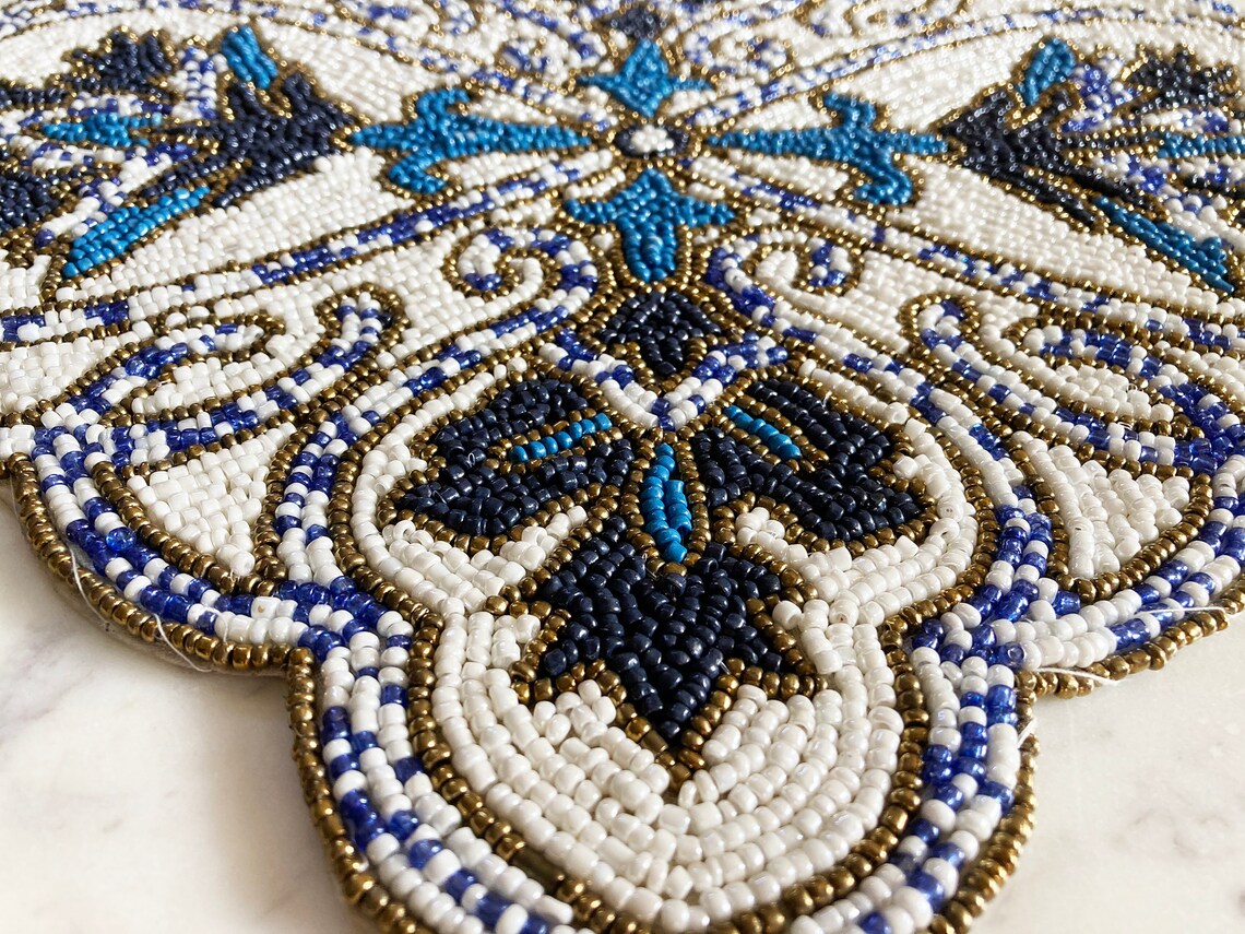 Handmade Beaded Placemat Beaded Tablemat 14 Inch Blue White Etsy
