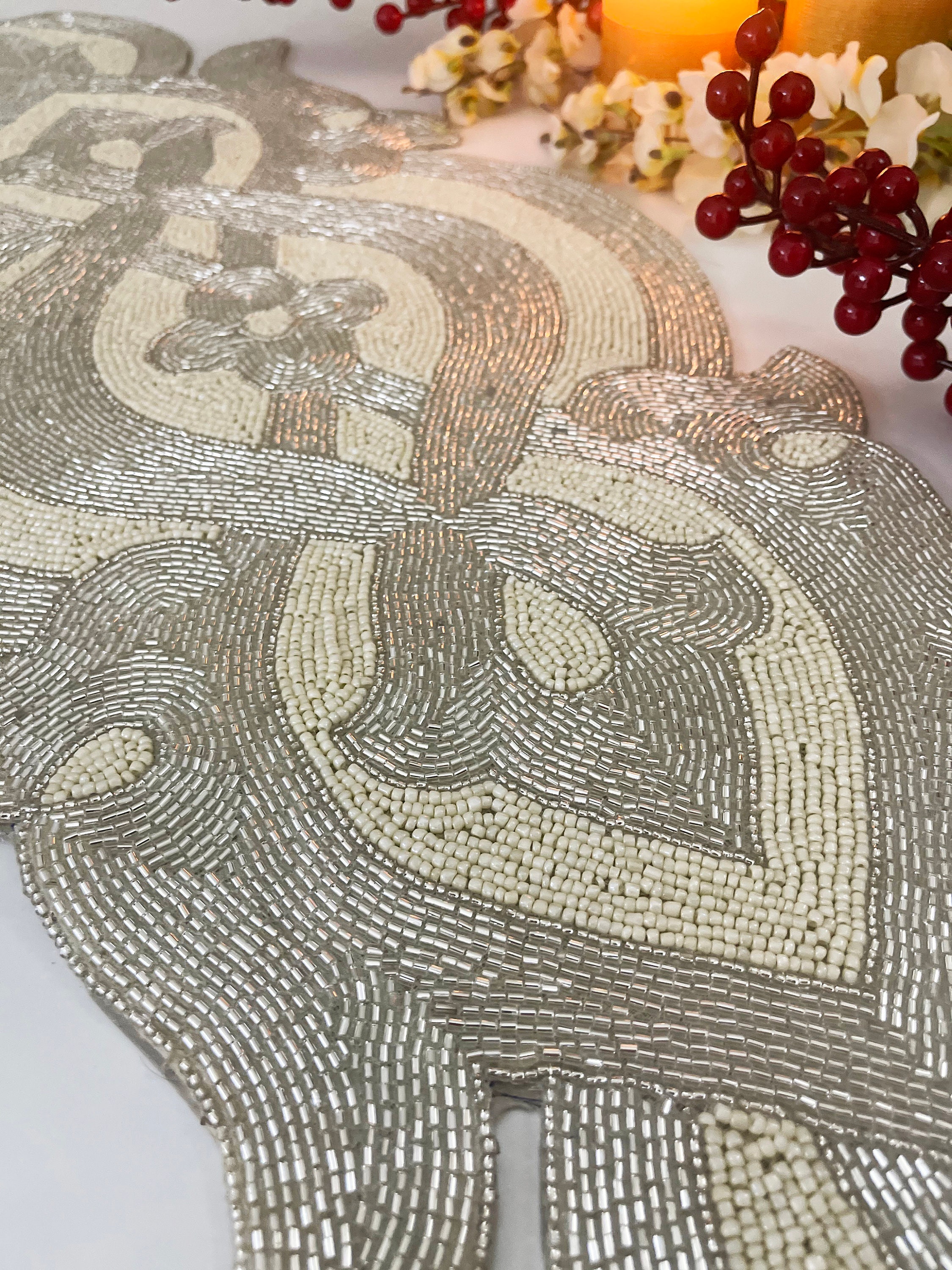 Handmade table runner beaded table runner silver whire Etsy