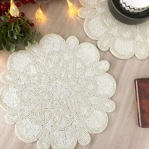 Handmade placemat, living room table decoration, beaded tablemat, cream Pearl