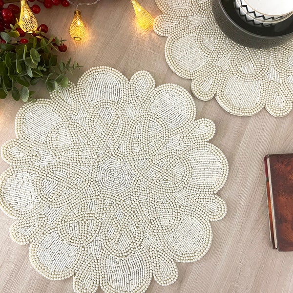 Handmade placemat, living room table decoration, beaded tablemat, cream Pearl