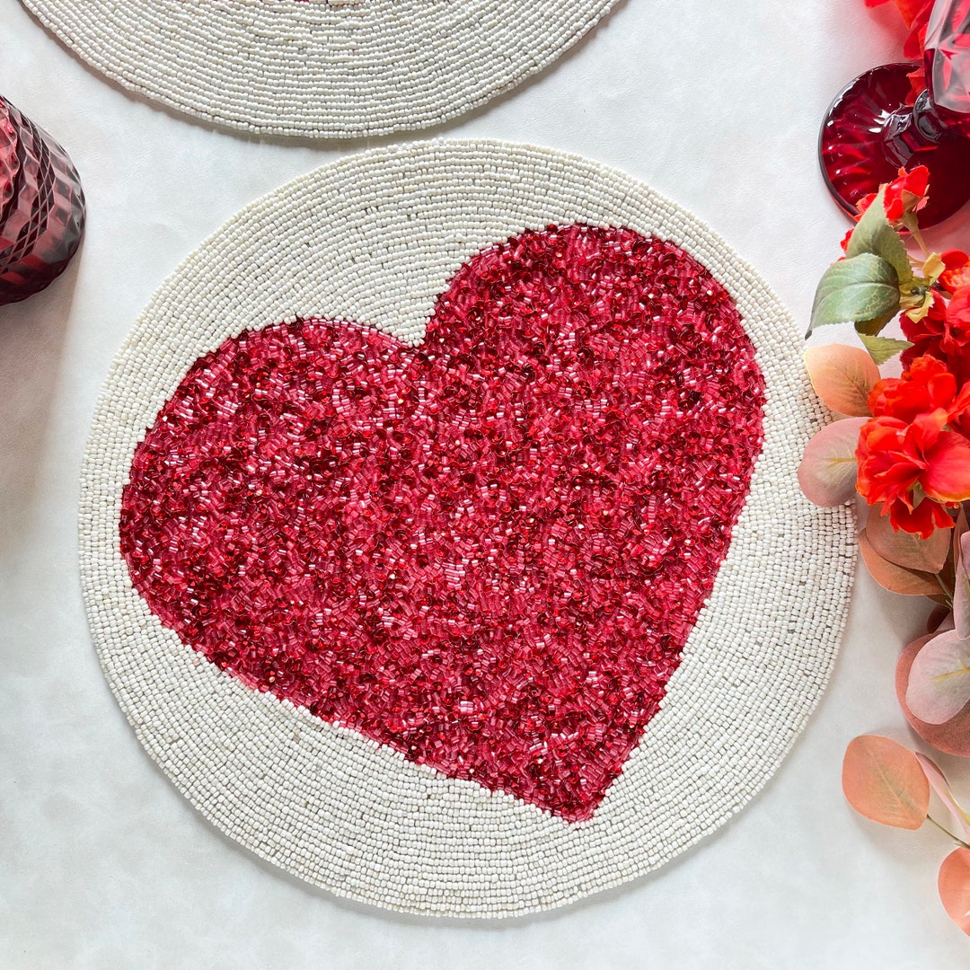 Set of 2/6, Valentine's Day Special Beaded Placemat, Red Heart, Round ...