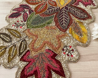 Handmade table runner, maple leaf bead runner, 13x36inch, multicolour