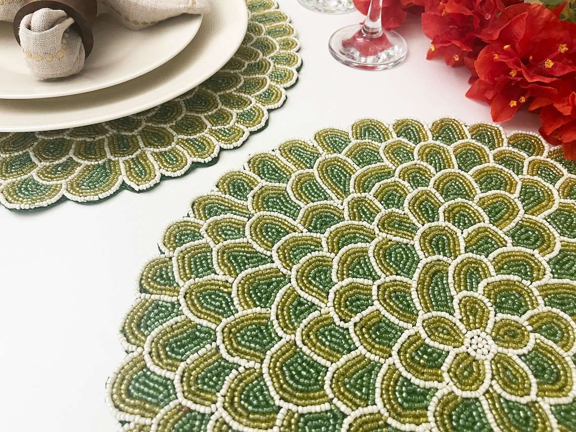 Handmade beaded placemat tablemat 14 inch green bead Etsy