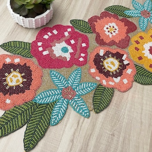 Handmade Beaded Table Runner: Floral Multicolour Spring Decor (13x36 inch)