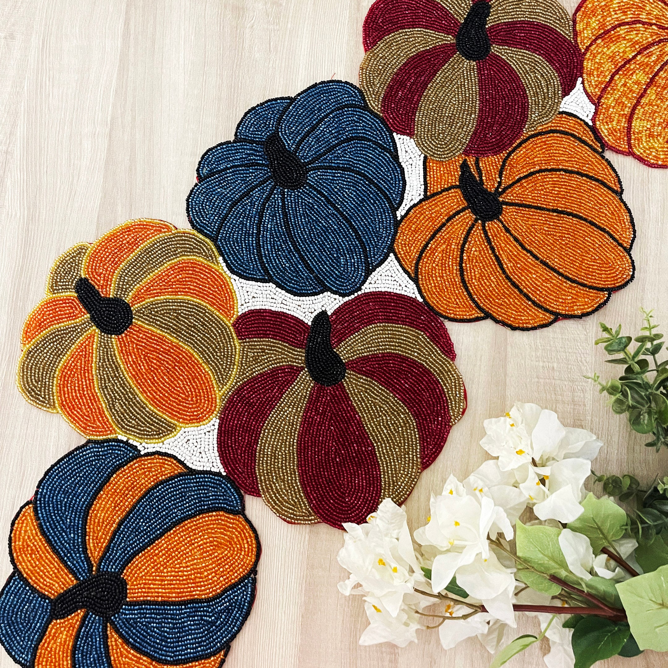 Handmade Bead Table Runner, Fall Runner, Pumpkin Halloween, 13x36