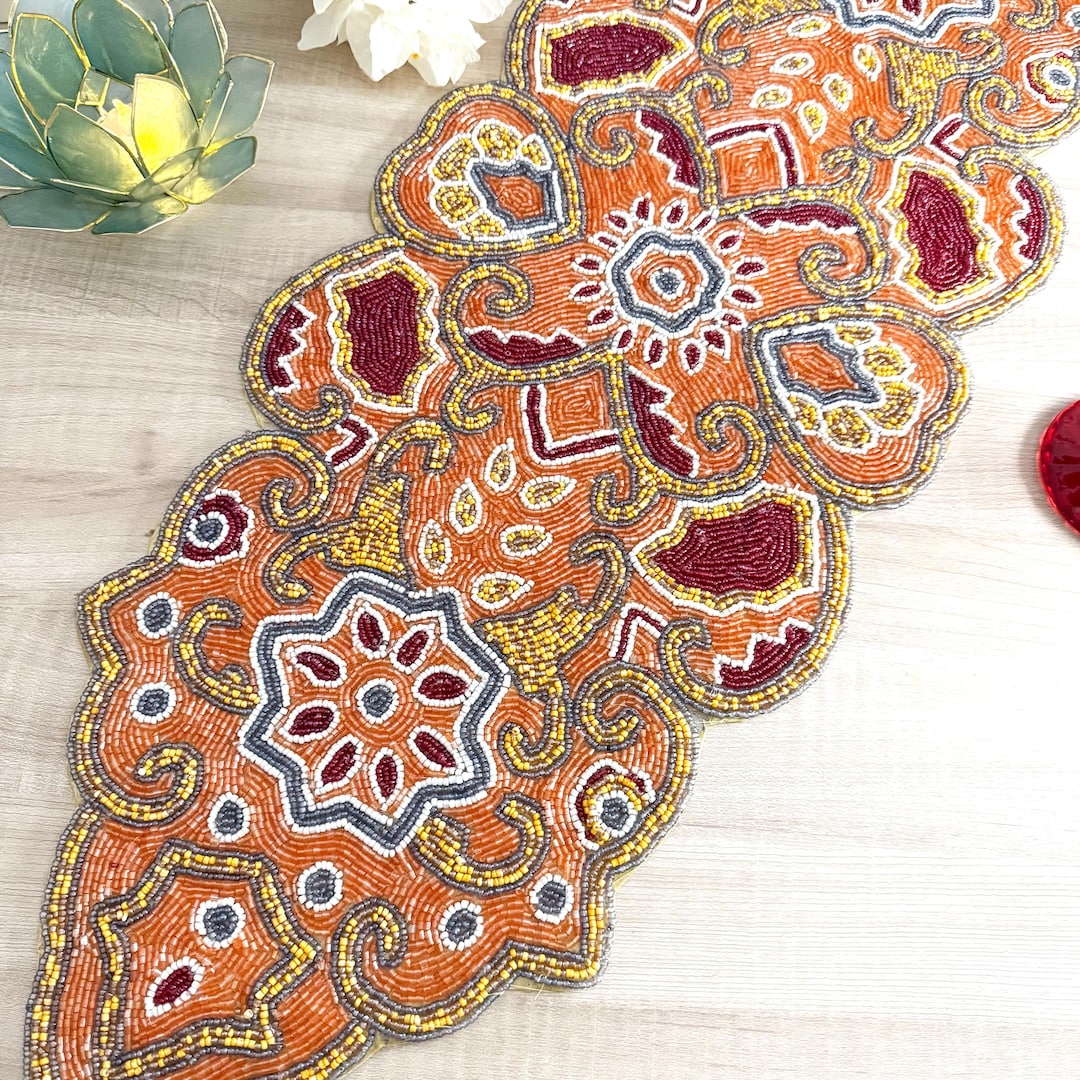 Handmade Table Runner, Beaded Runner, Yellow, Maroon, Orange, Gold
