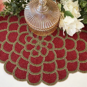 Handmade XL placemat, beaded table runner, Red green gold, 15x24 inch