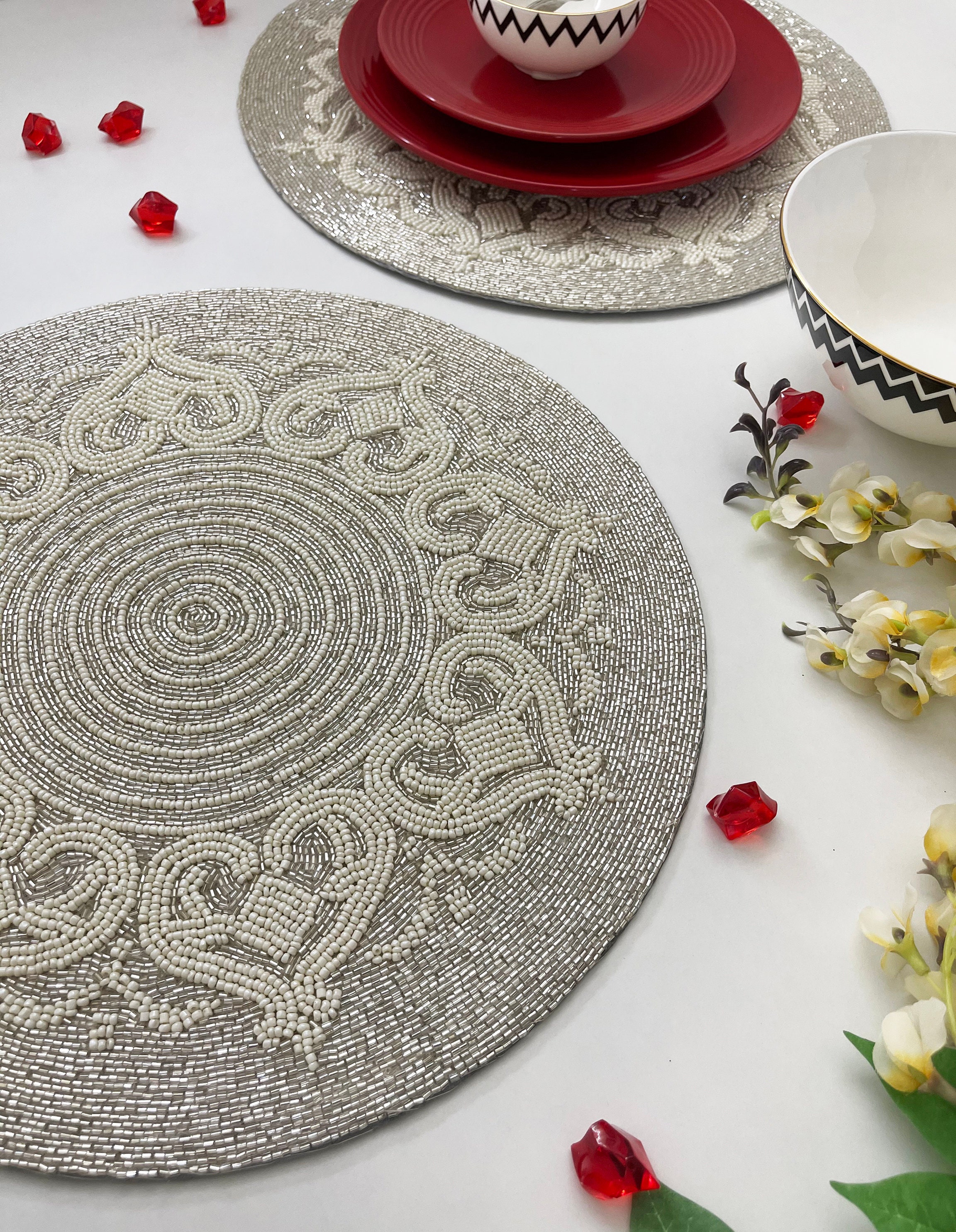 Luxury Beaded Placemat, Tablemat, 14 Inch, White Gold Charger, Spring ...