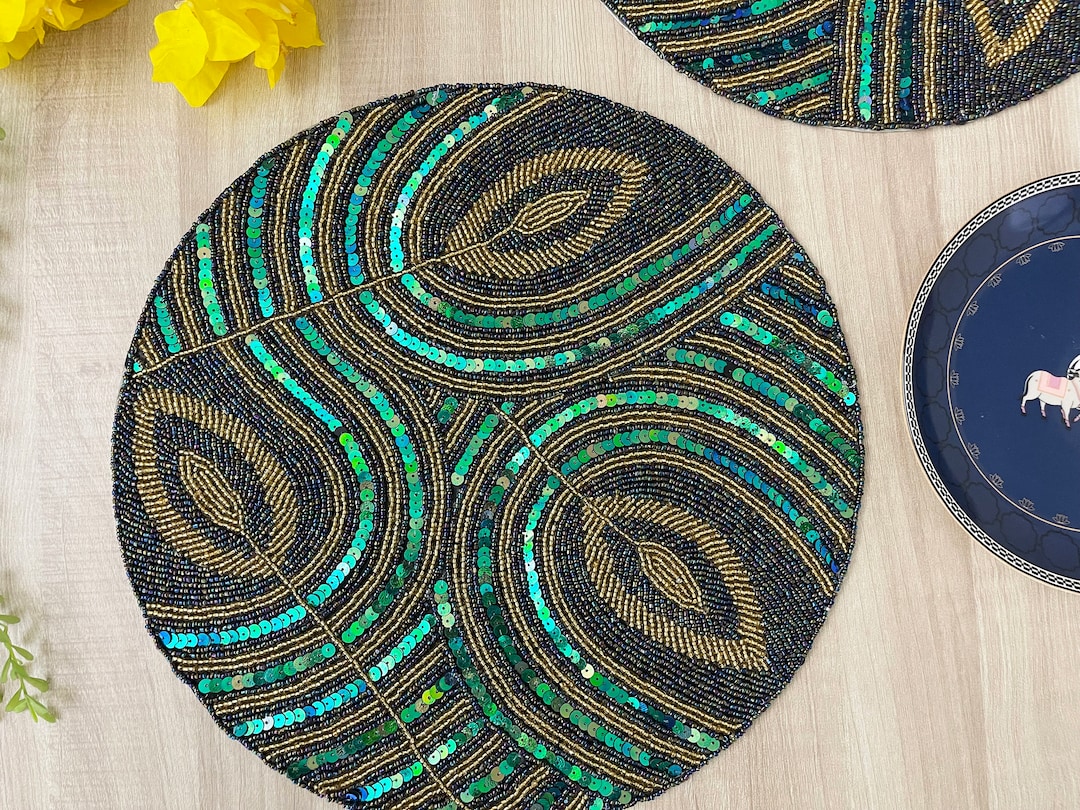 Peacock Feather Handmade Beaded Placemat Tablemat 14 Inch