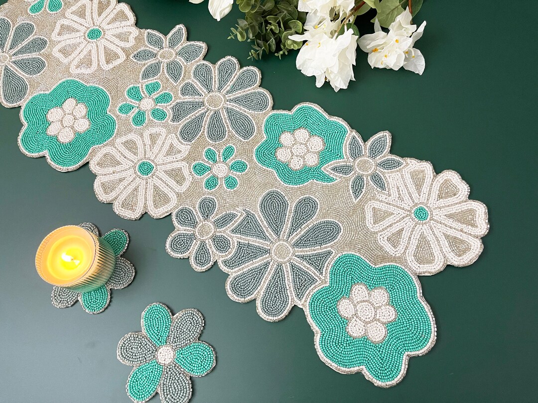 Handmade Bead Table Runner and Placemat, Floral Beaded Runner - Etsy