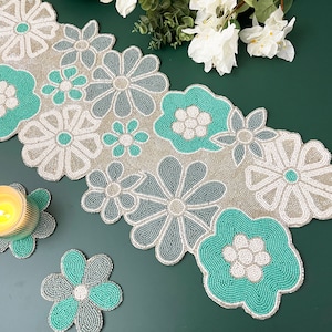 Handmade bead table runner and placemat, floral beaded runner