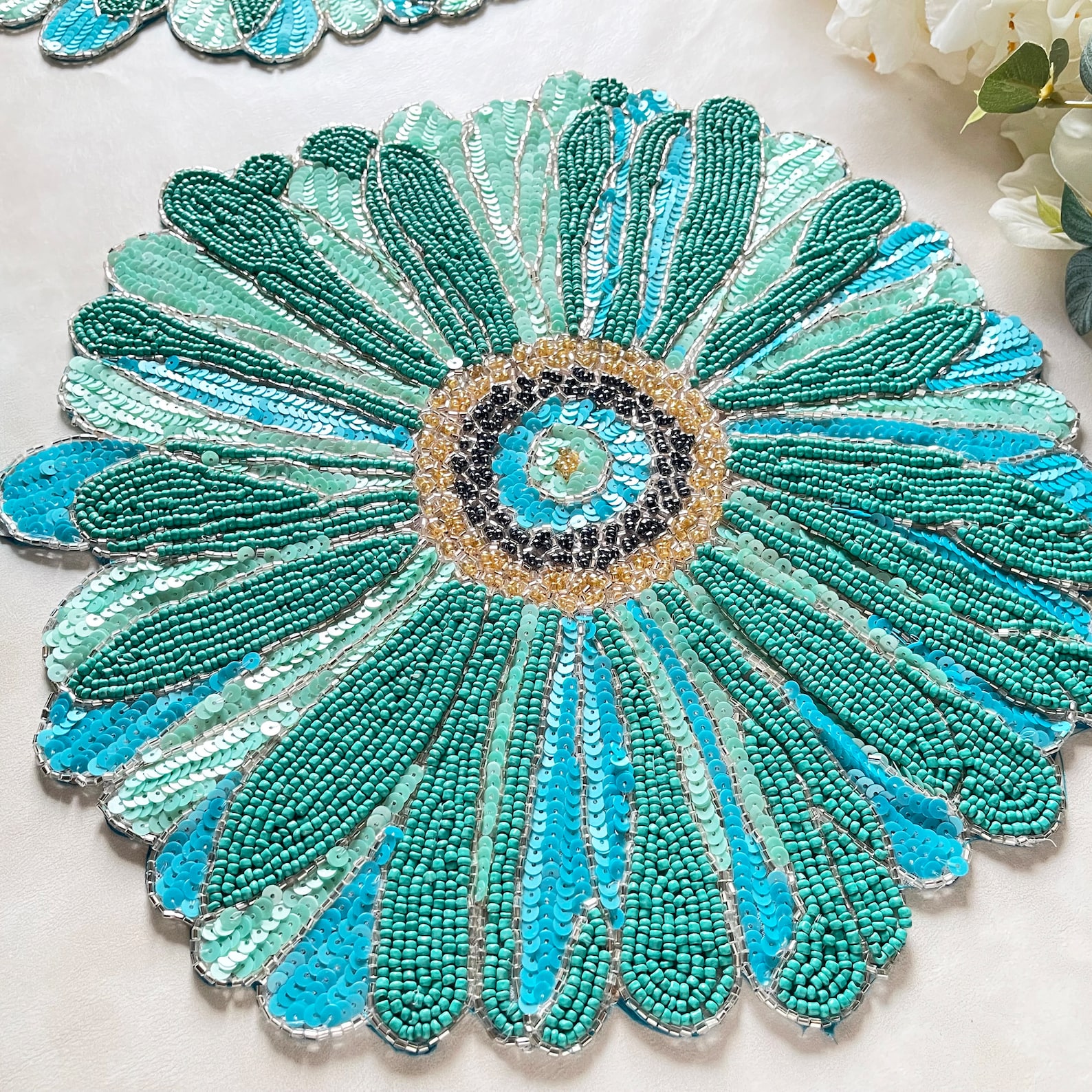 Handmade Beaded Placemat Floral Tablemat 14 Inch Charger Etsy