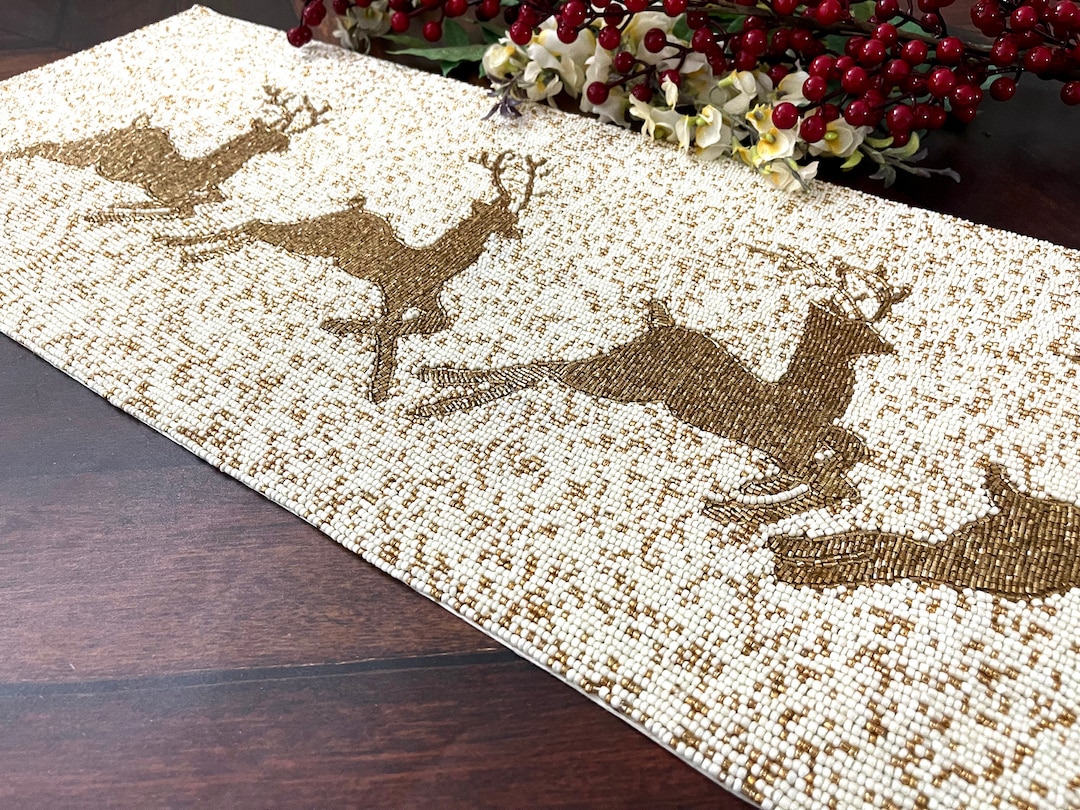 Beaded Christmas Table Runner: Gold Reindeer Holiday Decor, 13x36 Inch ...