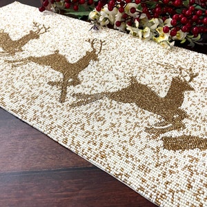 Christmas Special beaded runner and placemat, gold reindeer, gift for her