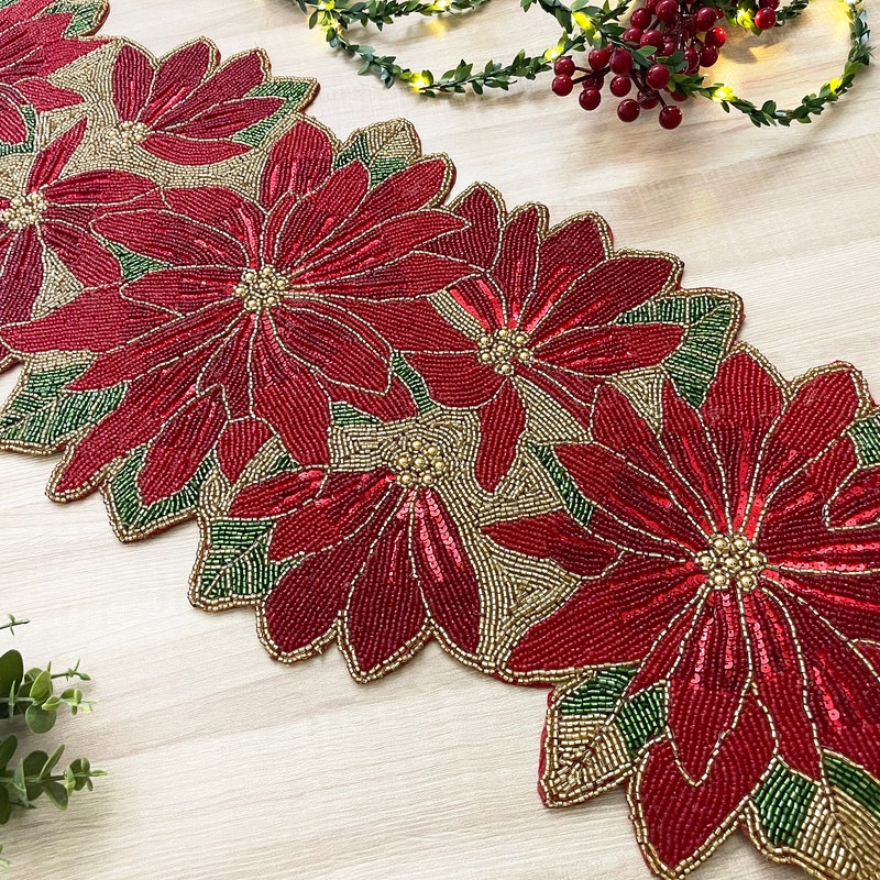 Table Runner Poinsettia Olive/Flax 40 x 200cm - Madras Link