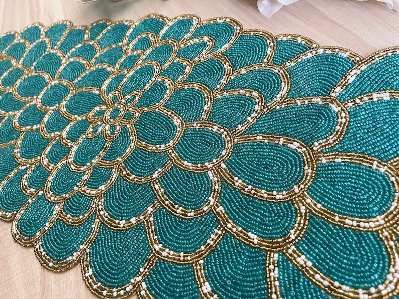 Handmade Bead Table Runner, Peacock Floral Beaded Runner / Placemat - Etsy