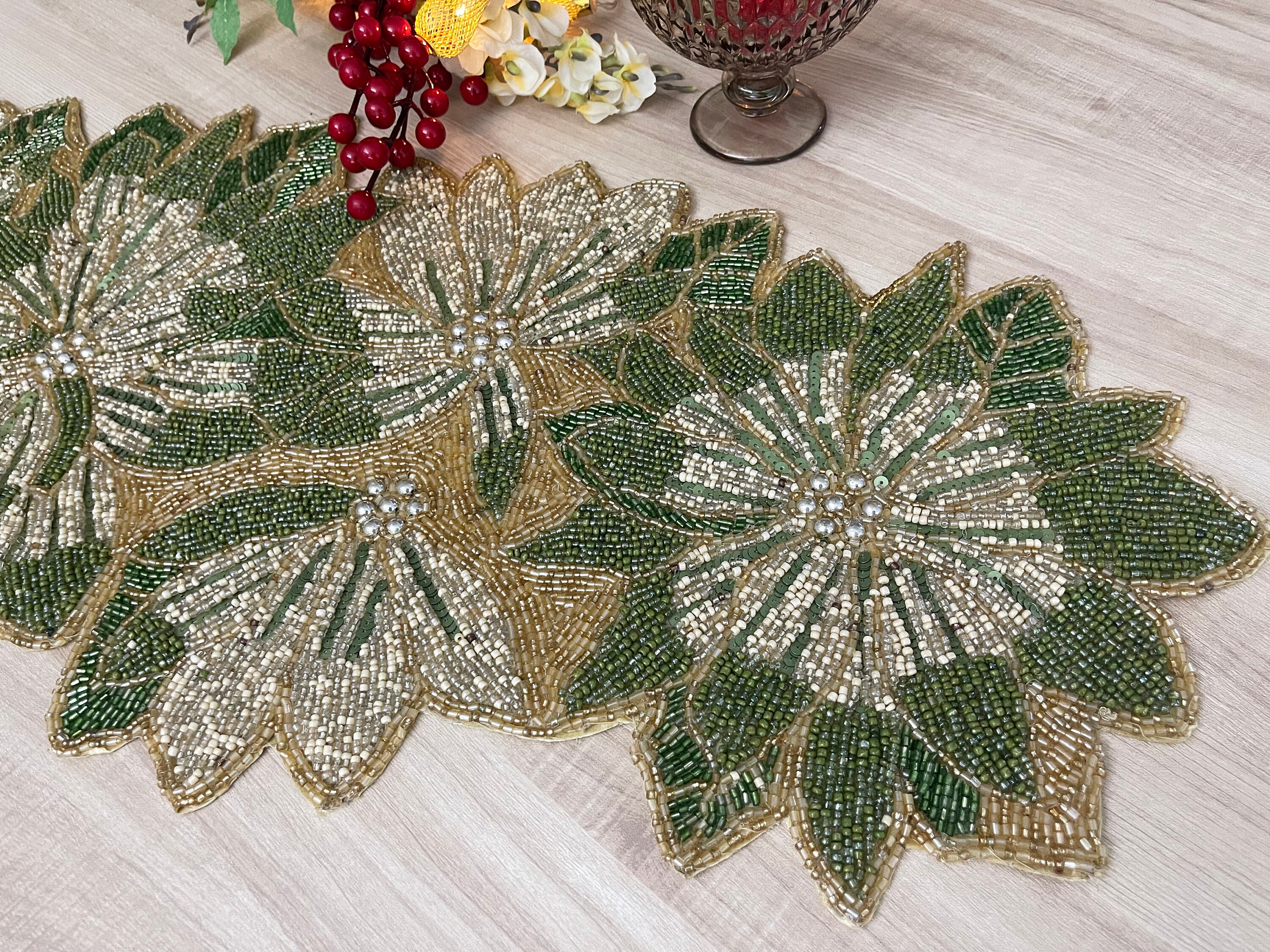 Handmade Christmas Table Runner: Beaded Poinsettia Floral, 13x36 Inch ...