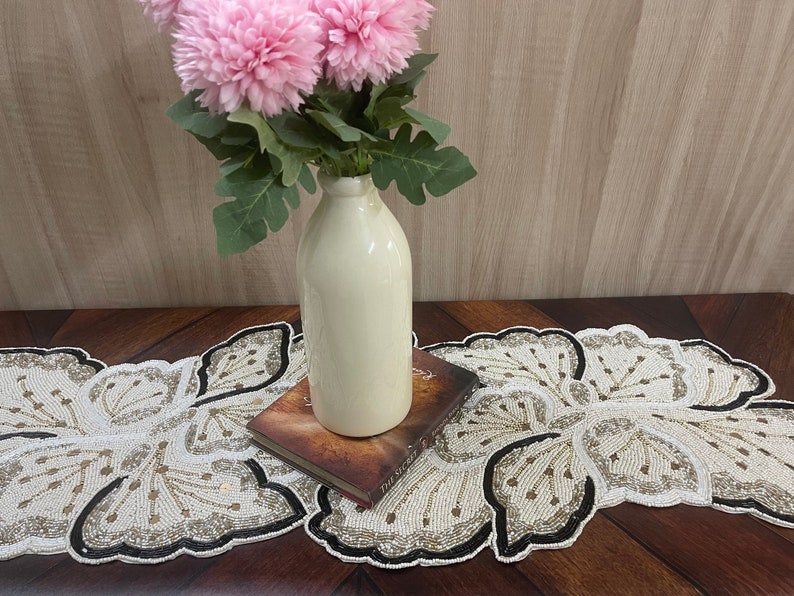 Handmade Table Runner Beaded Table Runner Cream Gold Etsy
