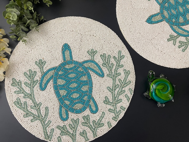 Handmade Beaded Placemat Turtles Design Tablemat 14 Inch Etsy