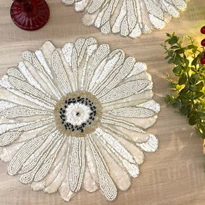 Handmade beaded placemat, floral white tablemat, 14 inch, charger plate