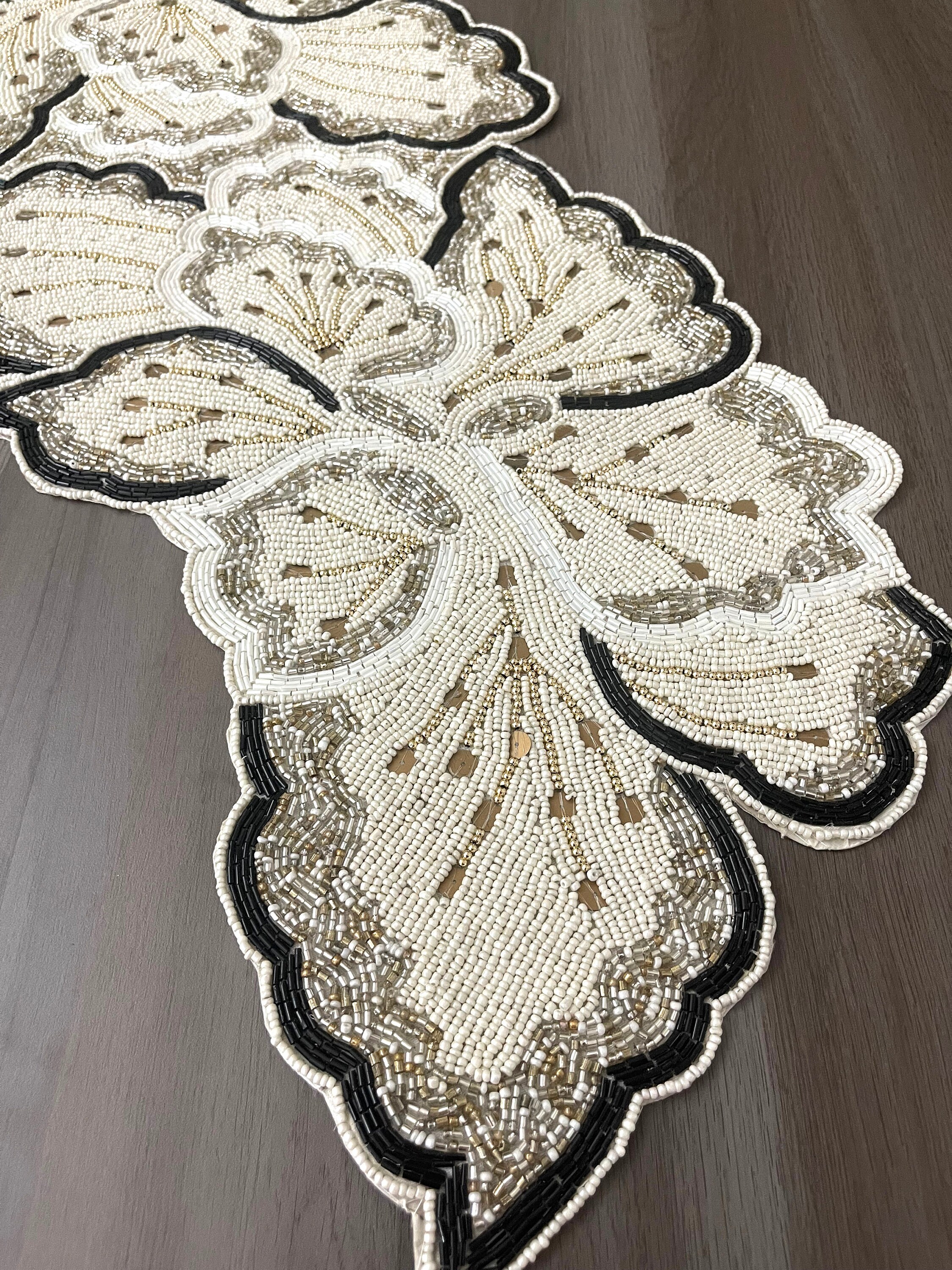 Handmade Beaded Table Runner: Cream & Gold Floral Design (13x36 Inch ...