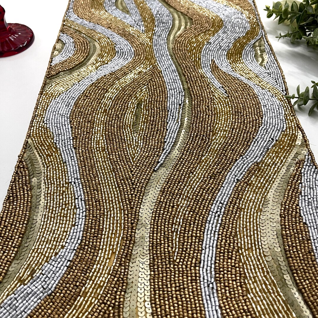 Handmade Bead Table Runner, Wavy Beaded Runner, Silver and Gold