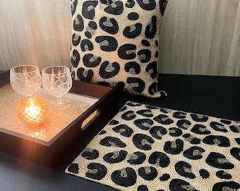 Leopard paw design, handmade beaded Placemat, tray and cushion cover set