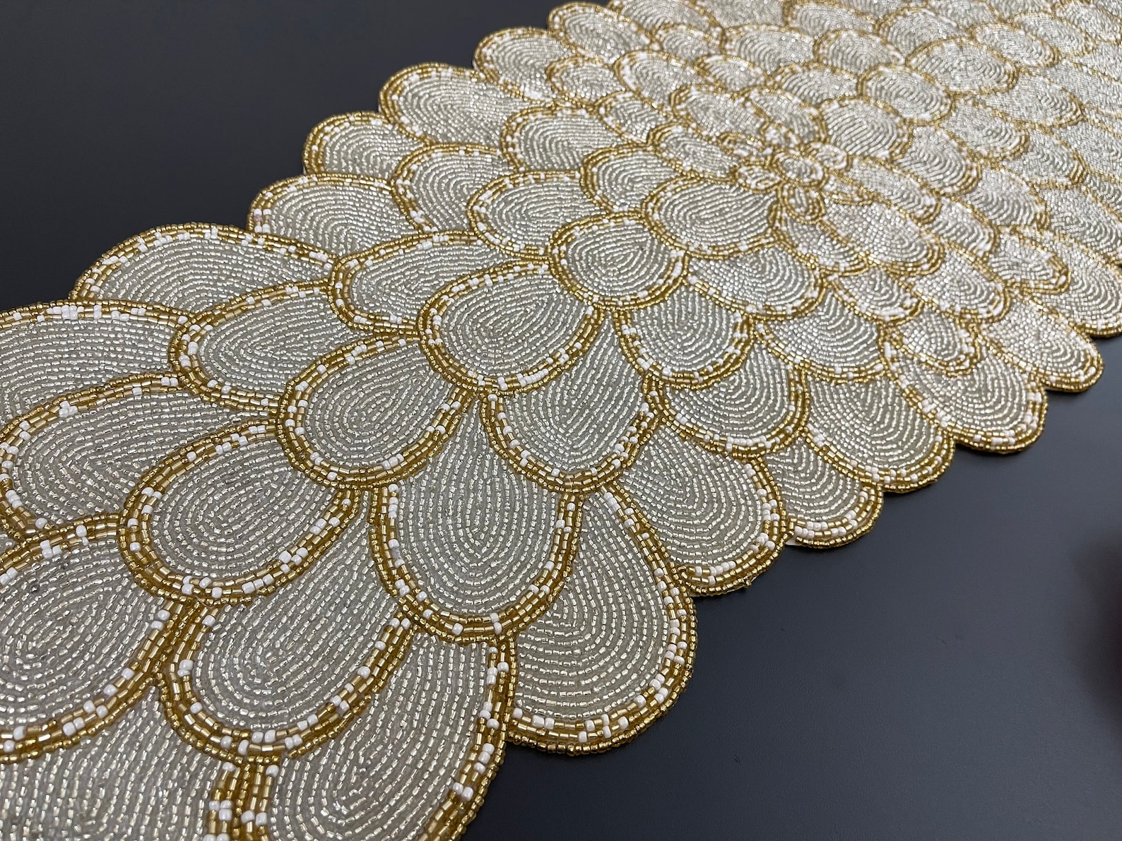 Handmade Bead Table Runner, Floral Beaded Runner, Silver and Gold ...