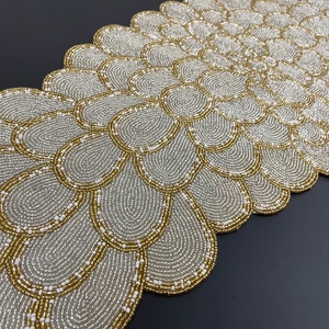 Handmade Bead Table Runner, Floral Beaded Runner, Silver and Gold ...