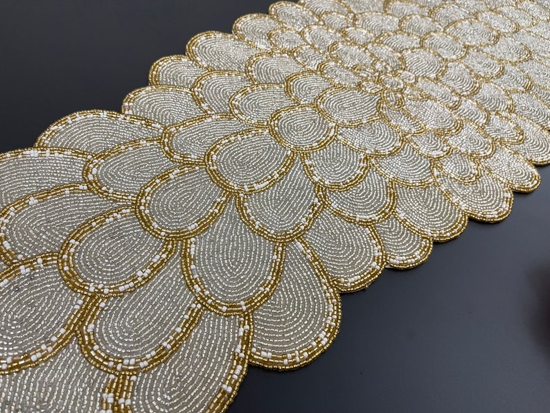Handmade Bead Table Runner, Floral Beaded Runner, Silver and Gold ...
