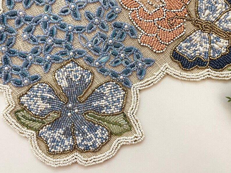 Handmade Table Runner, Floral Beaded Runner on Burlap, Multicolor ...
