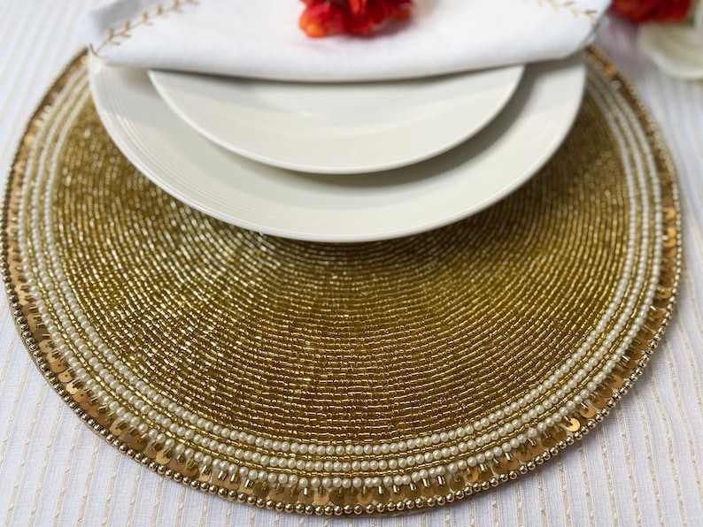 Two Handmade Bead Sequin Placemat 14 Inch Golden Charger Etsy