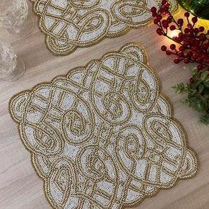 Set of 6, Handmade beaded placemat, white with gold, bead charger, 14 inch