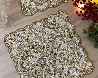 Set of 6, Handmade beaded placemat, white with gold, bead charger, 14 inch
