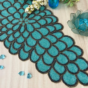 Handmade bead table runner, teal peacock floral beaded runner, 13x36inch
