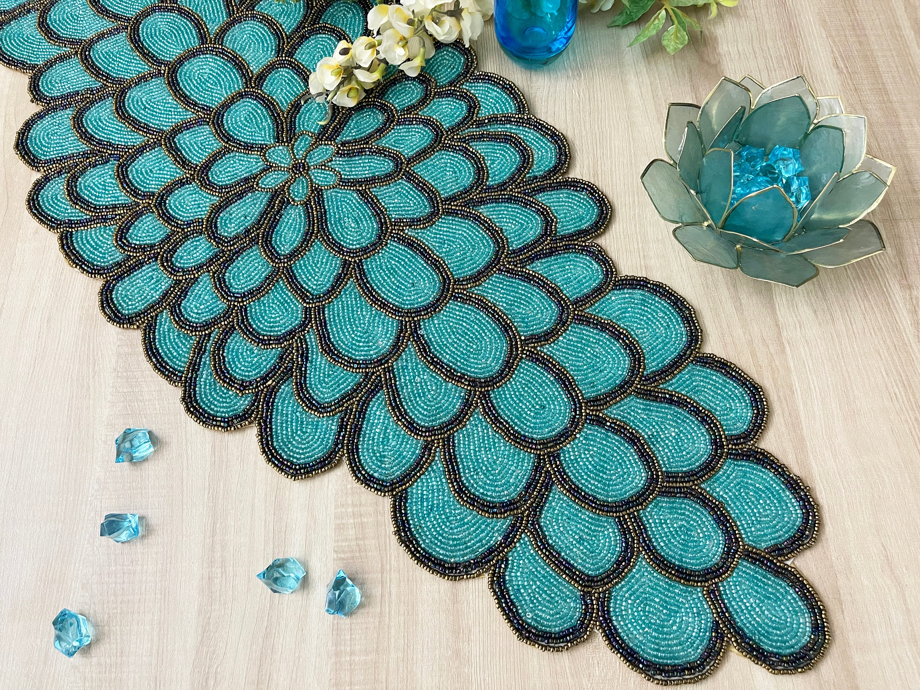 Handmade Bead Table Runner, Teal Peacock Floral Beaded Runner ...