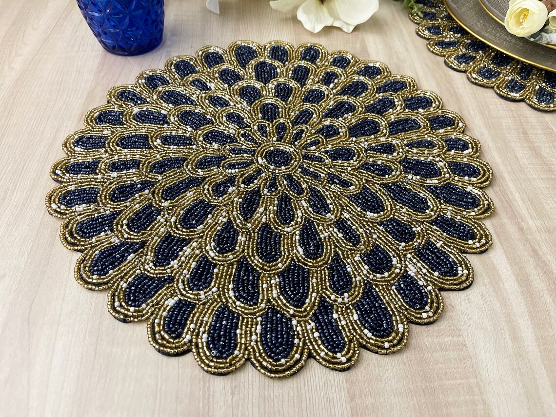 Handmade Placemat Beaded Round Table Placemat Navy Blue Etsy