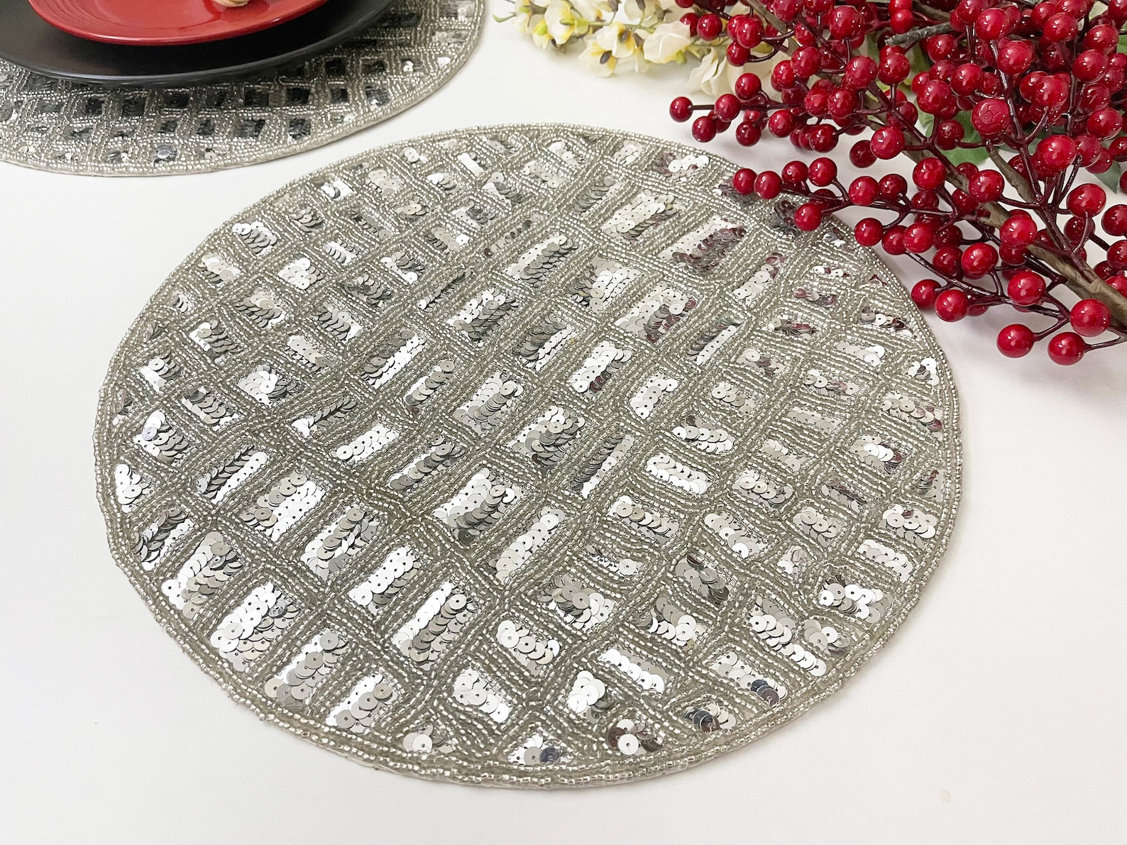 Handmade Beaded Sequin Placemat Table Mats 14 Inch Silver Etsy