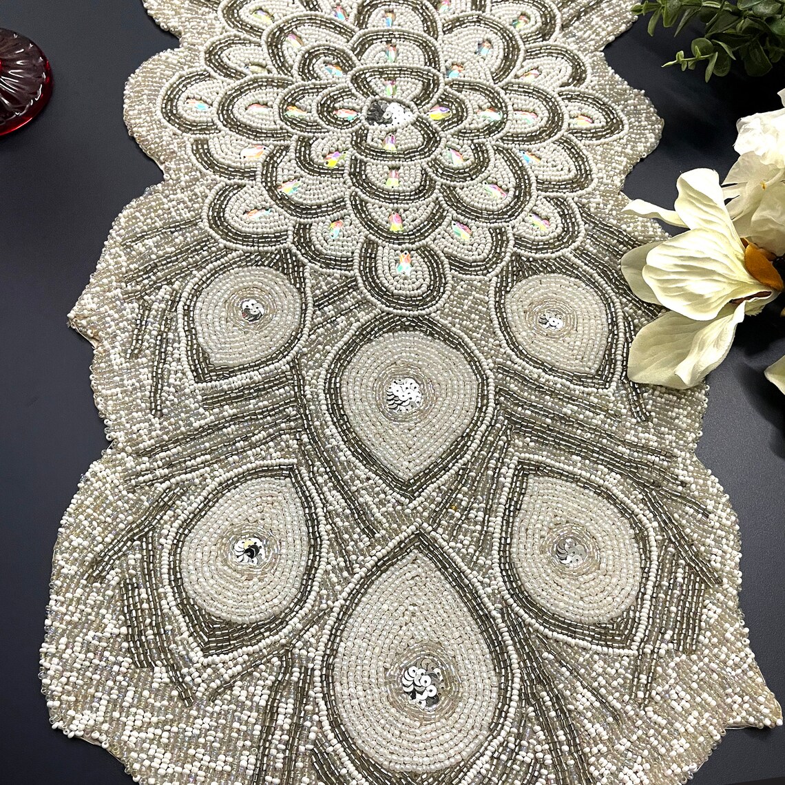Handmade Bead Table Runner Peacock Design White and Silver Etsy