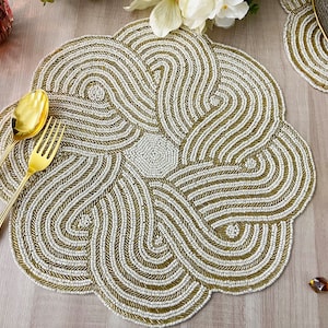Handmade placemat, scalloped beaded tablemat, white with gold