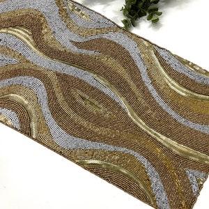 Handmade Bead Table Runner, Wavy Beaded Runner, Silver and Gold ...