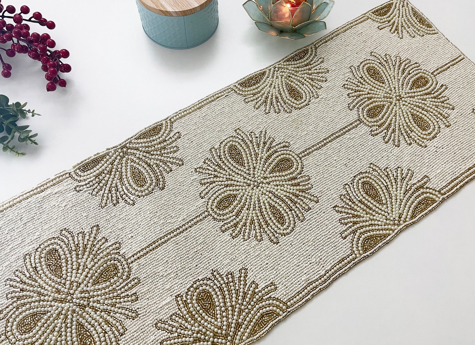 Handmade Beaded Table Runner: Cream & Gold Floral Design - Etsy