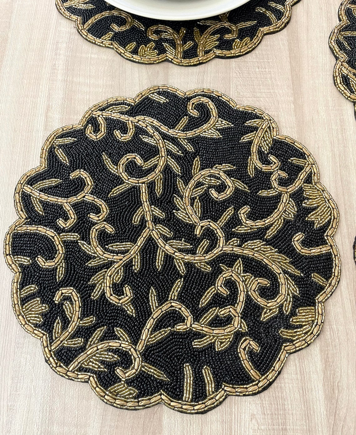 Handmade Beaded Placemat Beaded Tablemat 14 Inch Black Gold Etsy UK