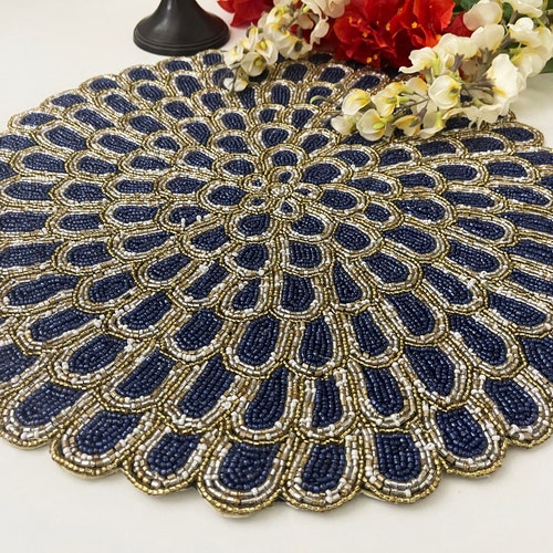 Handmade Placemat Beaded Round Table Placemat Navy Blue Etsy