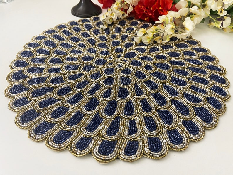 Handmade XL Placemat Beaded Round Table Runner Navy Blue Etsy