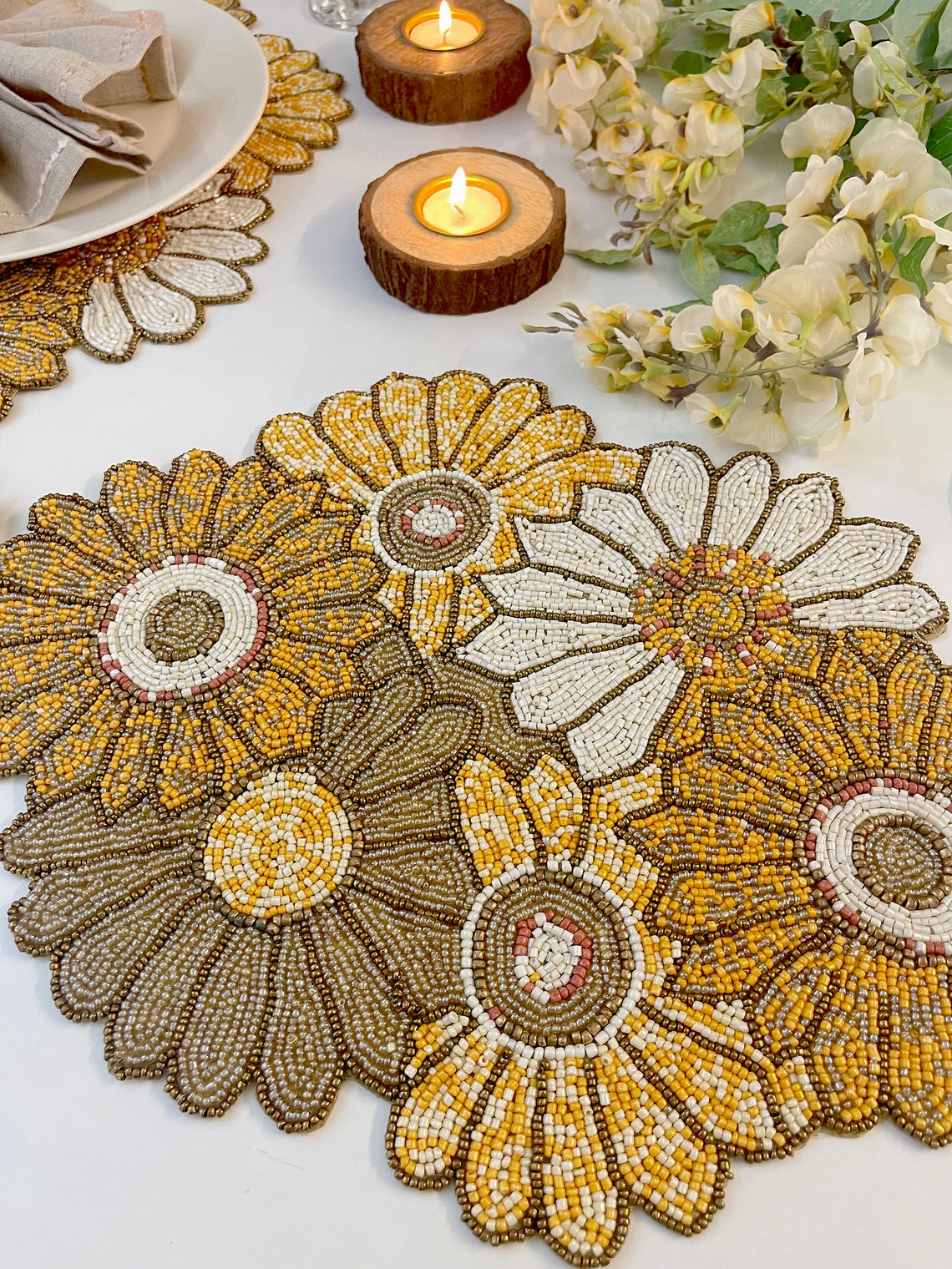 Handmade beaded placemat table mats 14 inch sunflower Etsy