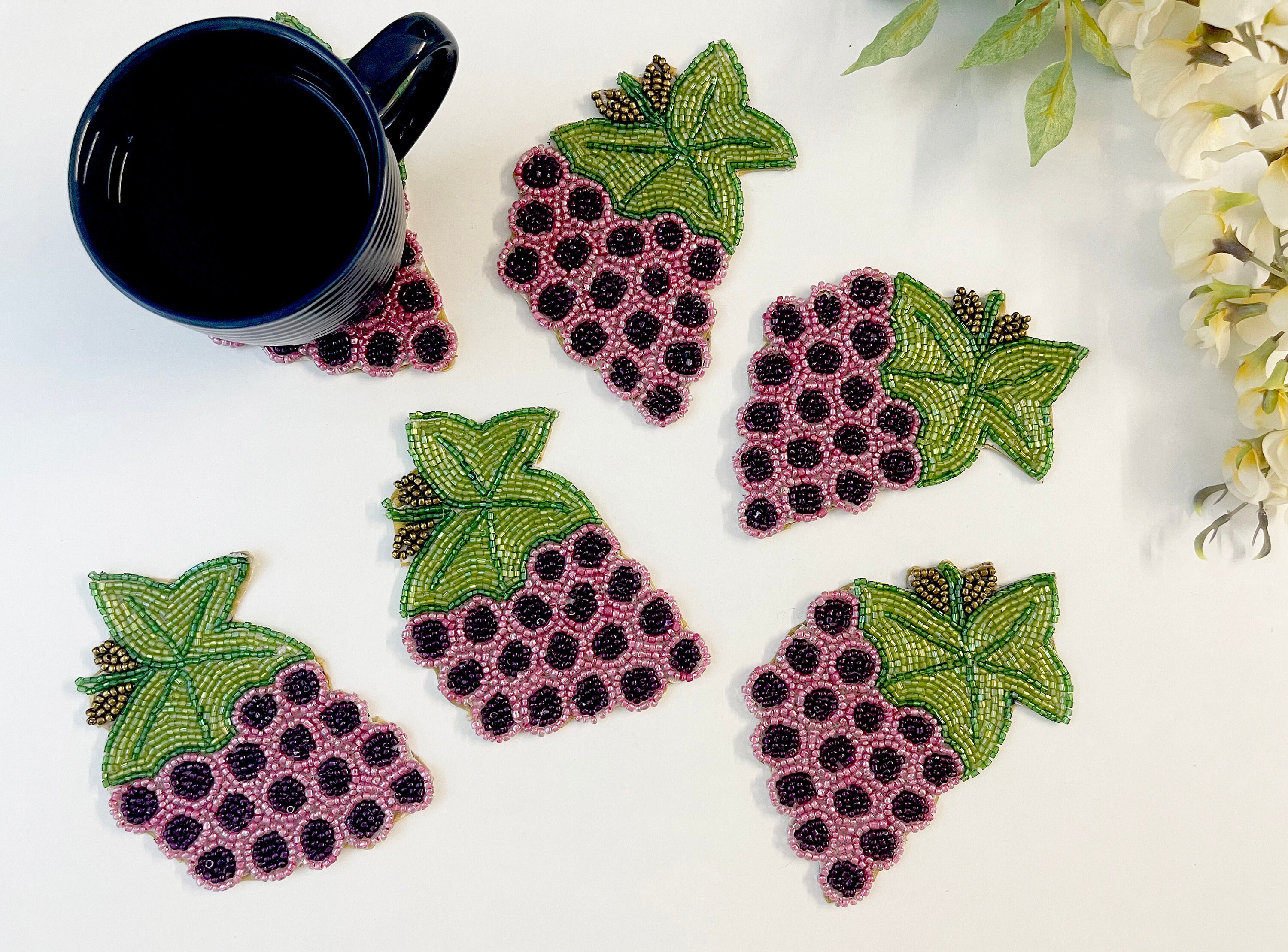 Set of 6 coasters drink coasters grapes beaded coasters Etsy