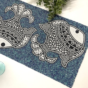 Handmade bead table runner, coastal, fish, sea designs, blue, black and white, 13x36inch